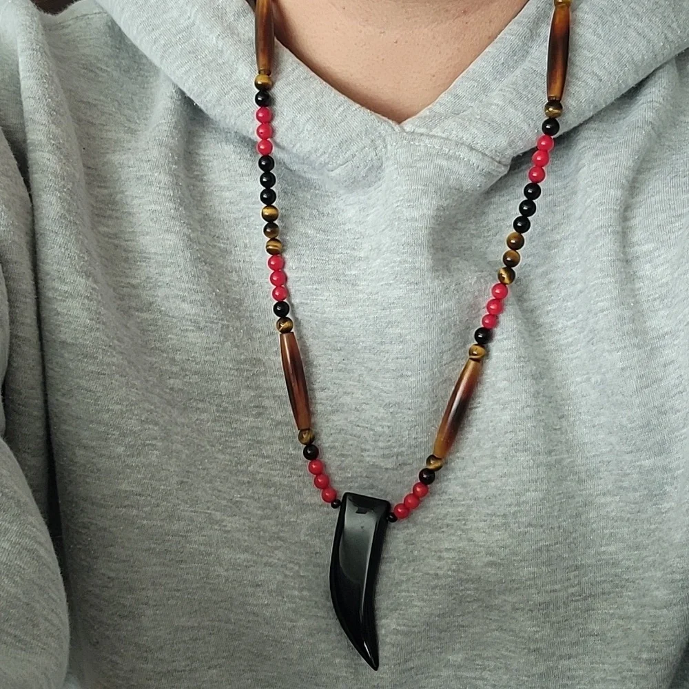 Southwestern Tiger Eye Onyx Hairpipe Bone Jasper Claw Necklace Biker Gift